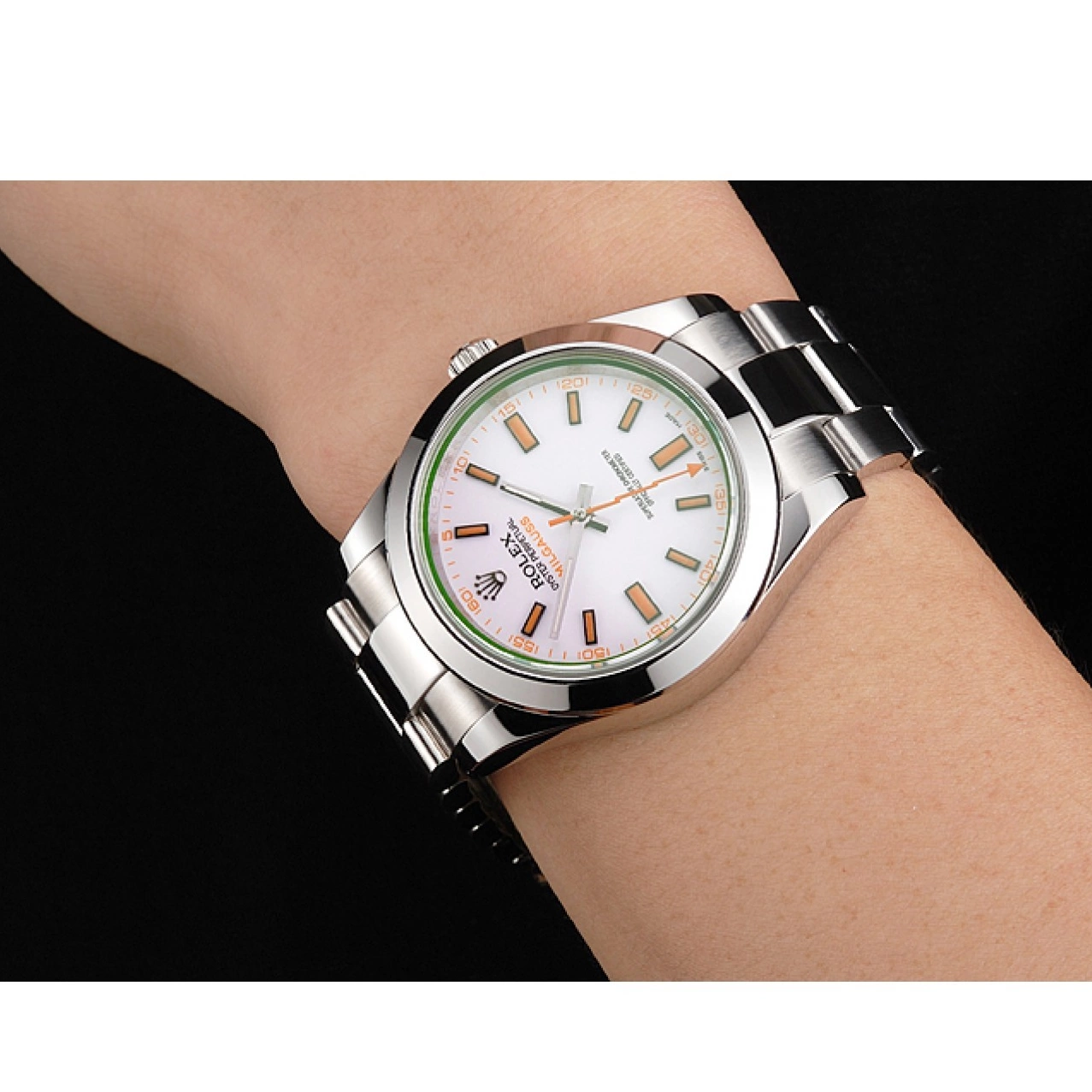 Rolex aaa copy Milgauss Markings Stainless Case White Dial Orange Swiss Rolex Steel And Bracelet 0703